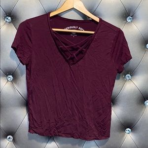 Aeropostale Soft Maroon V Neck Tee With Crosses